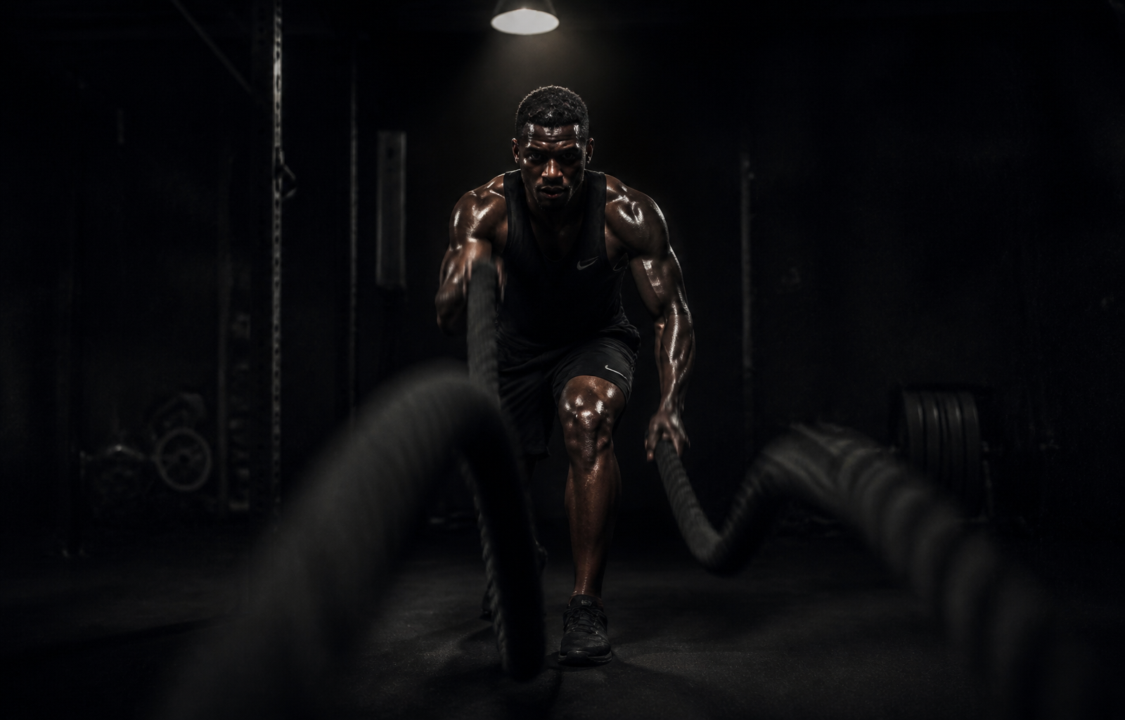 Athlete driving battle ropes under a spotlight