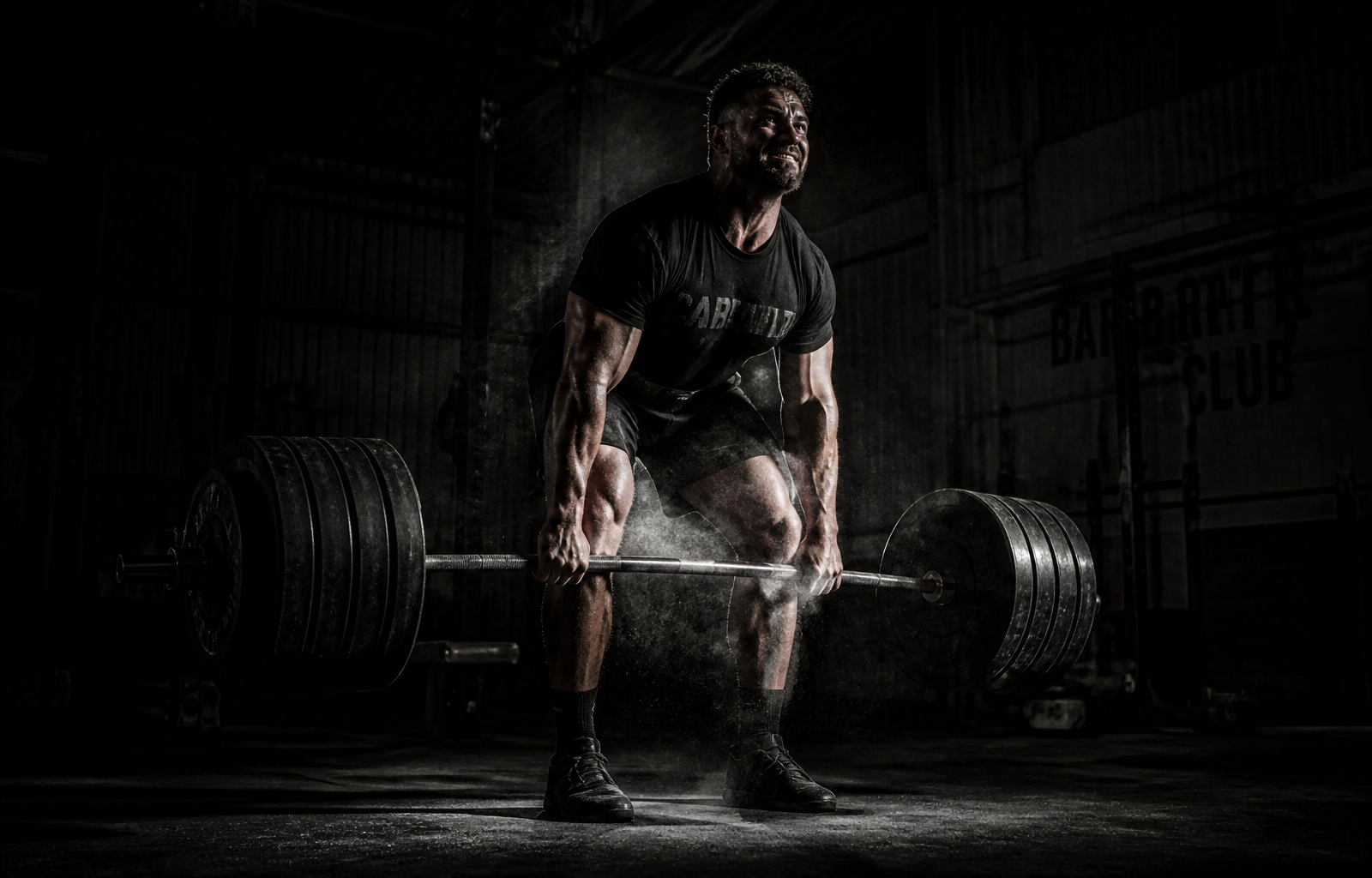 Lifter pulling a heavy barbell through chalk dust